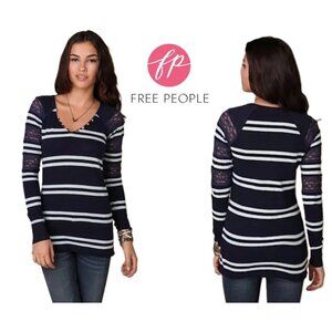 Free People We the Free Generation Navy Stripes Long Sleeve V-Neck T-shirt